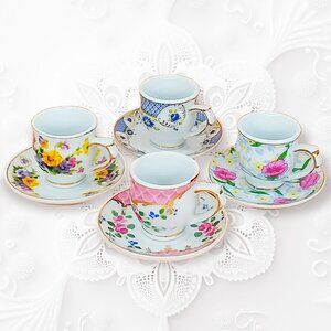 Vintage Dollhouse Mini Tea Set 4 Cups 4 Saucers Porcelain Floral Gilded 8pc